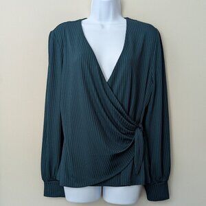 NEW Hunter Green Tahari Long Sleeve Ribbed Wrap Top Side Tie. Size Large